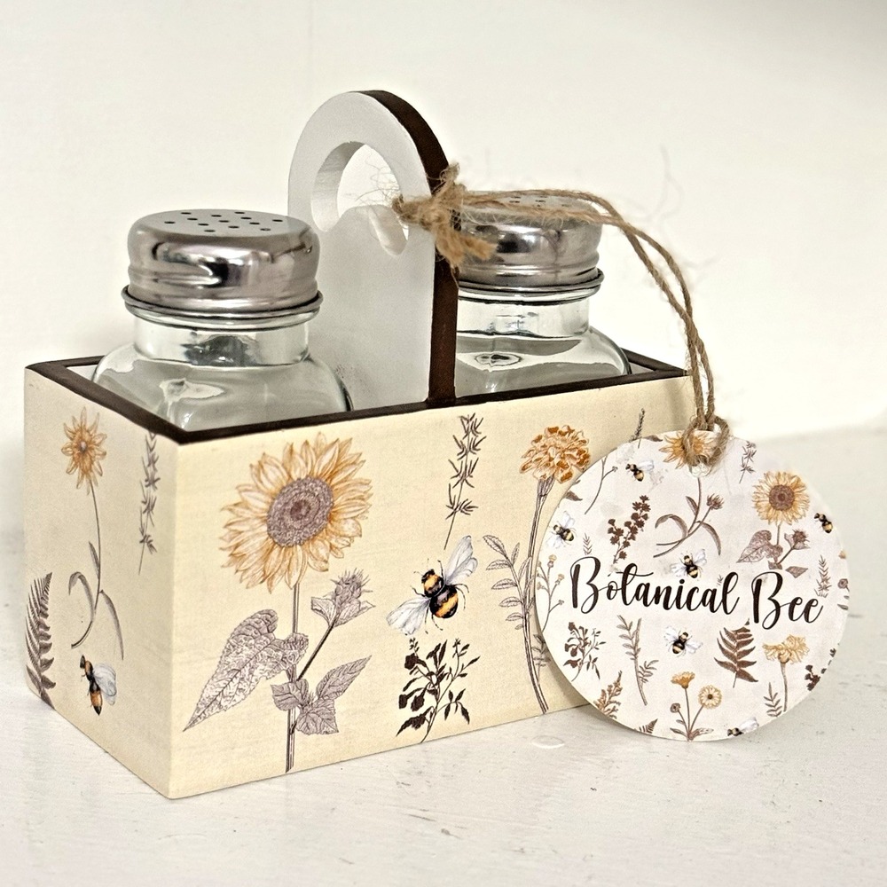 NWT Botanical Bee Salt Pepper Shakers & Caddy Glass Jars‎ Cottagecore Farmhouse